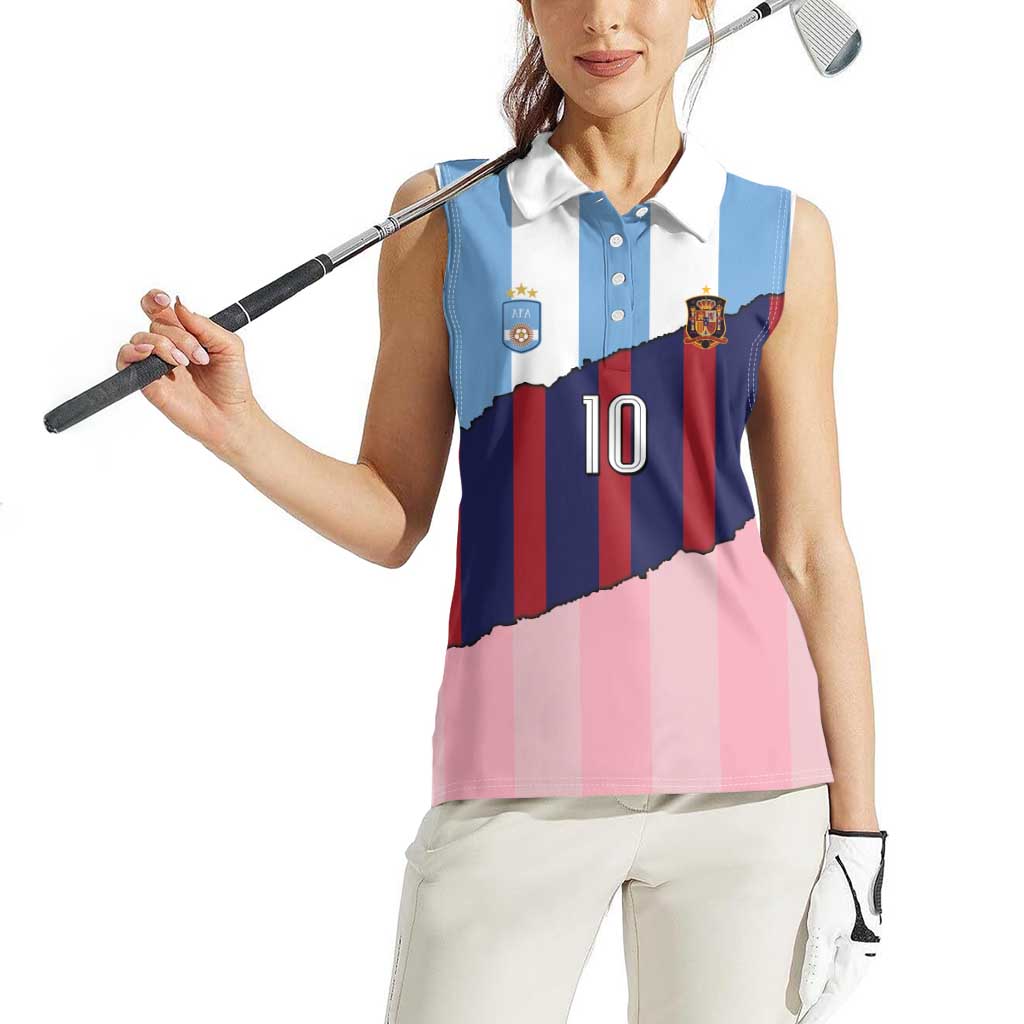 Custom Argentina and Spain Women Sleeveless Polo Shirt Trio Special Vintage Edition