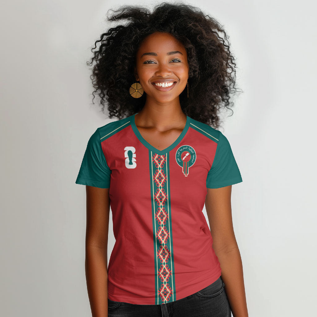 Custom Morocco Heritage Zellige Pattern Women V-Neck T-Shirt Atlas Lions World Football Supporter Edition