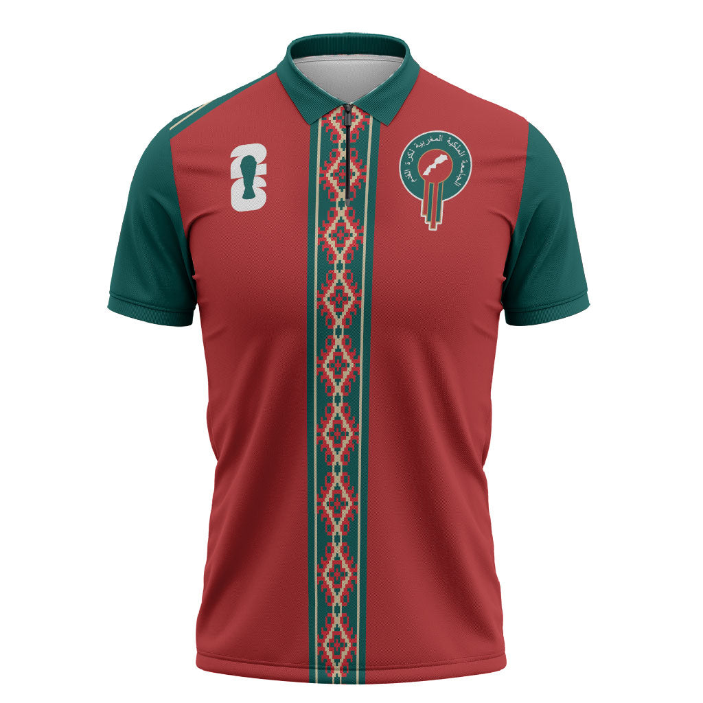 Custom Morocco Heritage Zellige Pattern Zipper Polo Shirt Atlas Lions World Football Supporter Edition