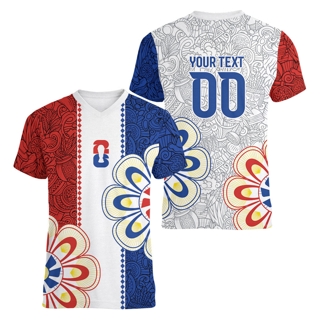 Vamos Paraguay Custom Women V-Neck T-Shirt Nanduti Heritage Football Supporter