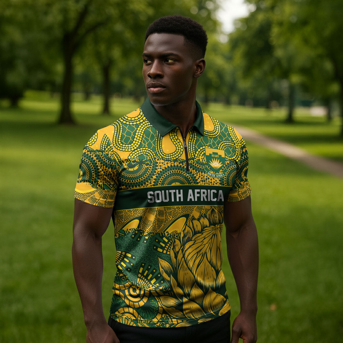 2026 Autumn Rugby Nations South Africa Custom Zipper Polo Shirt Indigenous Tribal Patchwork Motif