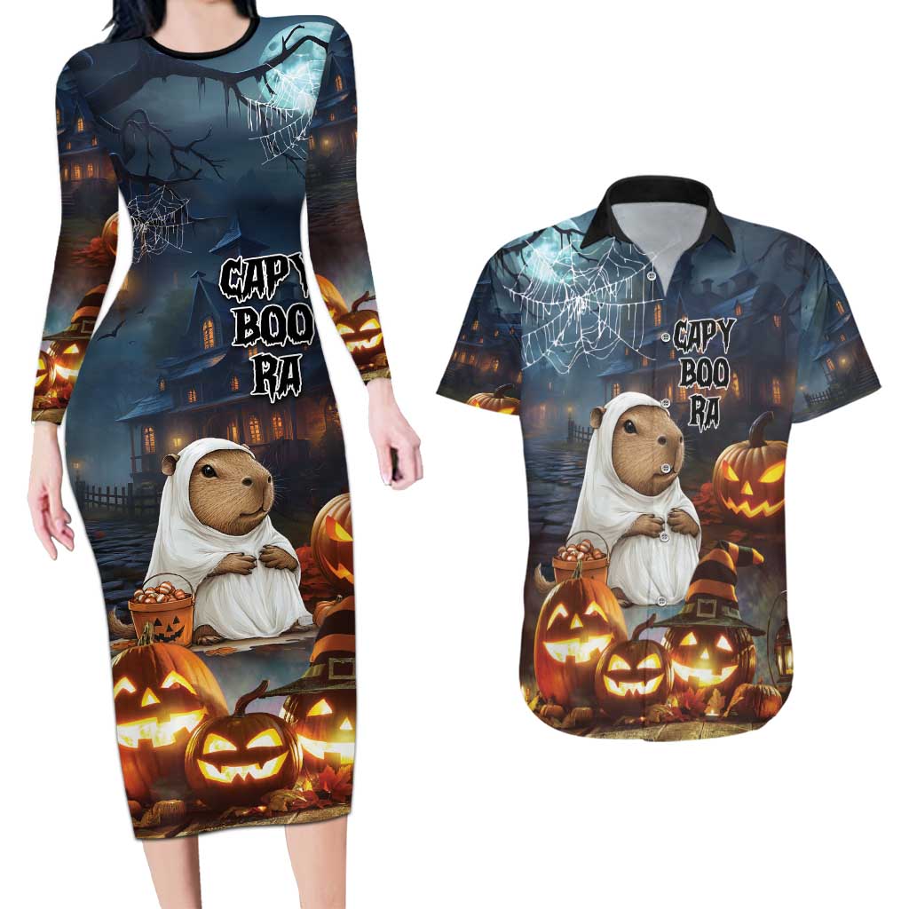 Capy-Boo-Ra Halloween Personalized Couples Matching Long Sleeve Bodycon Dress and Hawaiian Shirt Capybara Funny Spooky Ghost LT9 - Wonder Print Shop