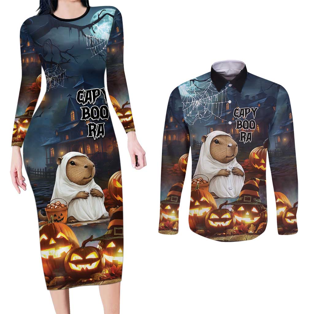 Capy-Boo-Ra Halloween Personalized Couples Matching Long Sleeve Bodycon Dress and Long Sleeve Button Shirt Capybara Funny Spooky Ghost LT9 - Wonder Print Shop
