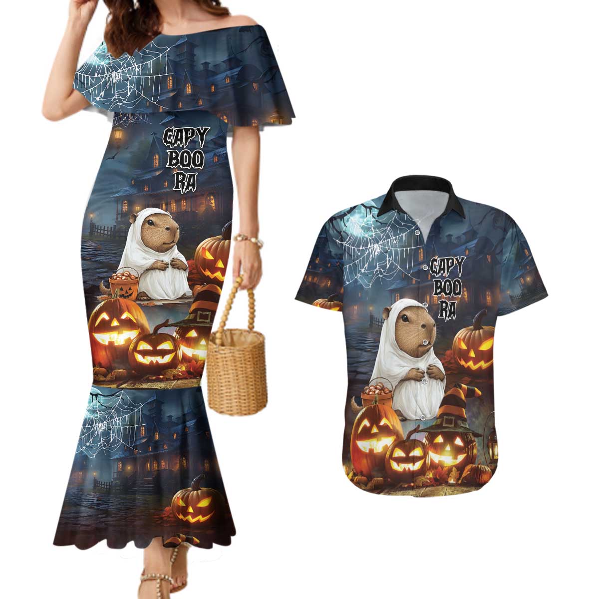 Capy-Boo-Ra Halloween Personalized Couples Matching Mermaid Dress and Hawaiian Shirt Capybara Funny Spooky Ghost LT9 - Wonder Print Shop