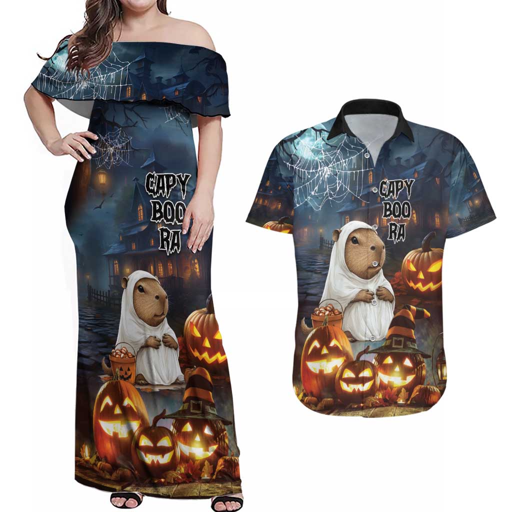 Capy-Boo-Ra Halloween Personalized Couples Matching Off Shoulder Maxi Dress and Hawaiian Shirt Capybara Funny Spooky Ghost LT9 - Wonder Print Shop