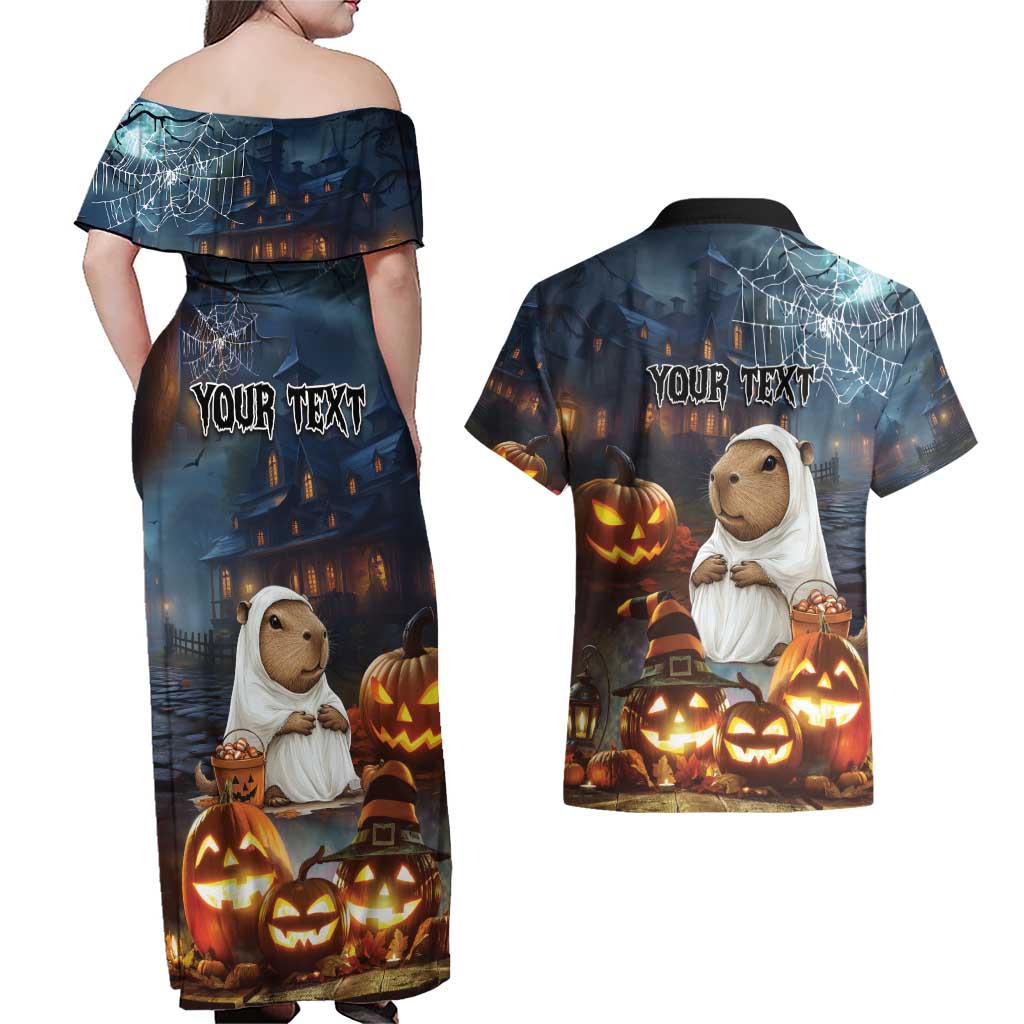 Capy-Boo-Ra Halloween Personalized Couples Matching Off Shoulder Maxi Dress and Hawaiian Shirt Capybara Funny Spooky Ghost LT9 - Wonder Print Shop