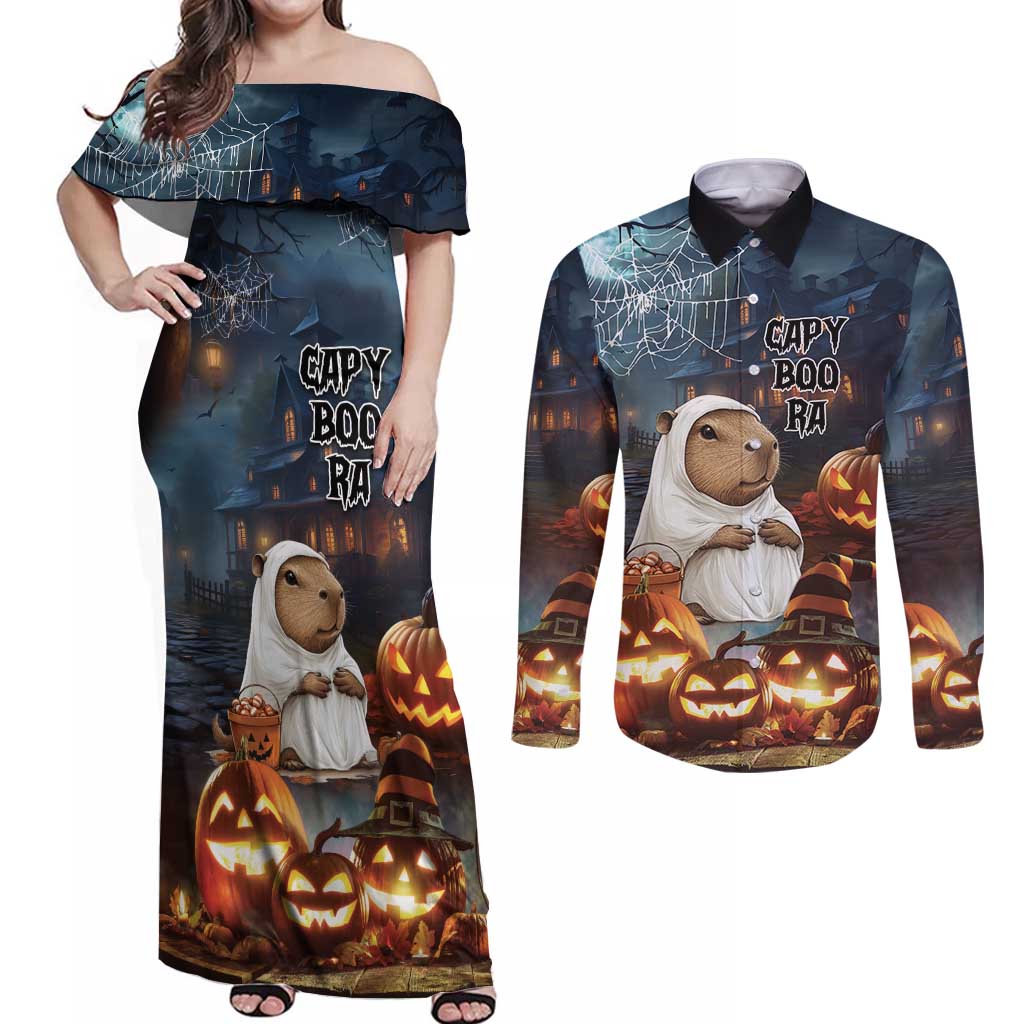 Capy-Boo-Ra Halloween Personalized Couples Matching Off Shoulder Maxi Dress and Long Sleeve Button Shirt Capybara Funny Spooky Ghost LT9 - Wonder Print Shop