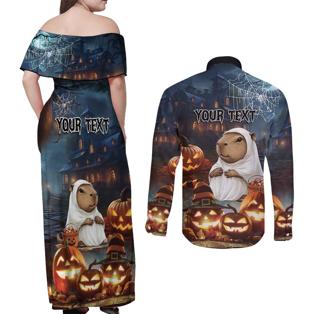 Capy-Boo-Ra Halloween Personalized Couples Matching Off Shoulder Maxi Dress and Long Sleeve Button Shirt Capybara Funny Spooky Ghost LT9 - Wonder Print Shop