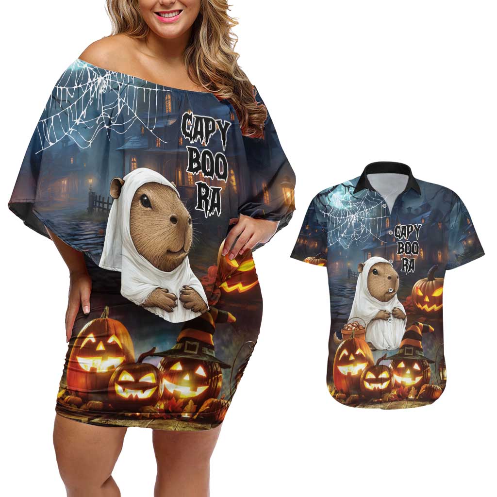 Capy-Boo-Ra Halloween Personalized Couples Matching Off Shoulder Short Dress and Hawaiian Shirt Capybara Funny Spooky Ghost LT9 - Wonder Print Shop