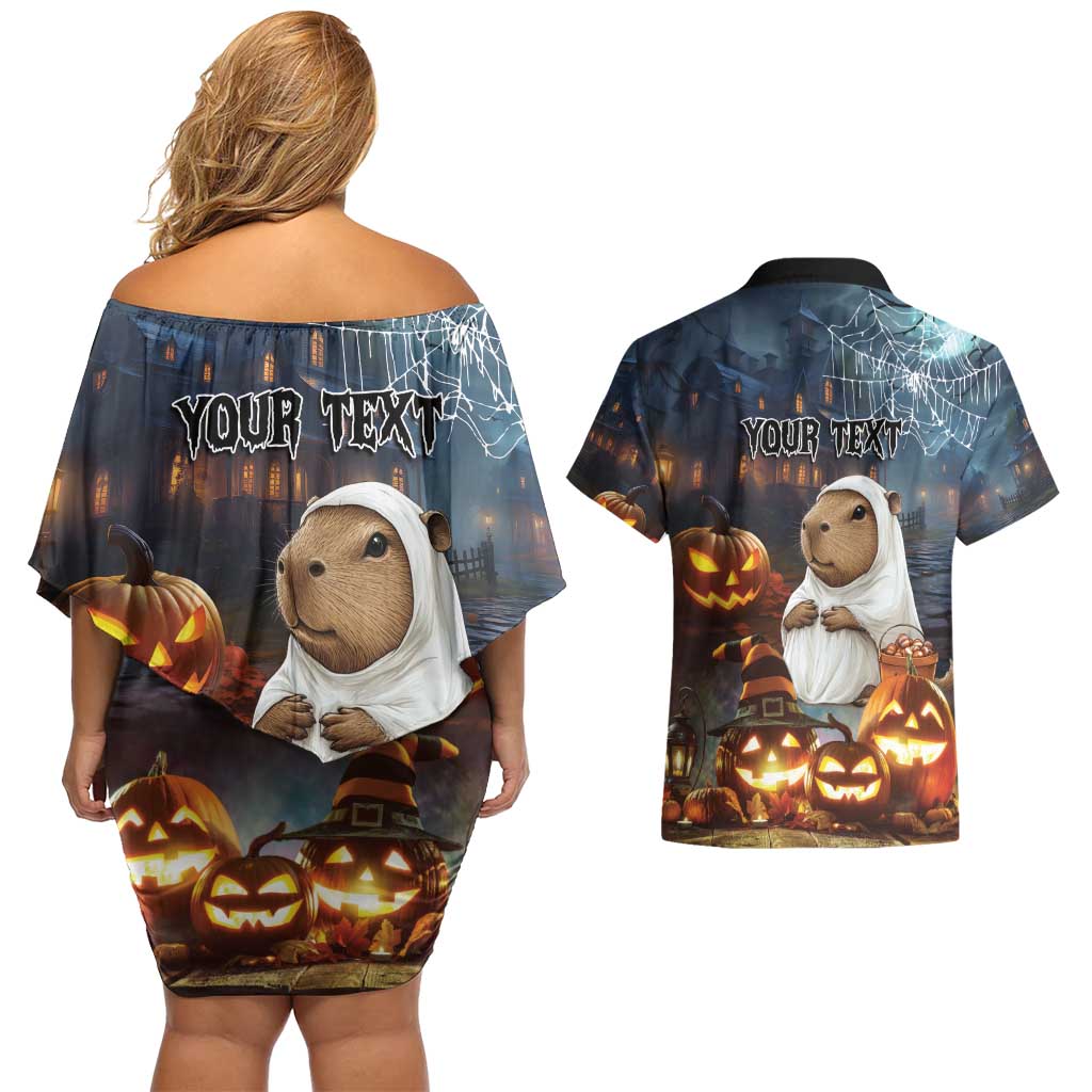 Capy-Boo-Ra Halloween Personalized Couples Matching Off Shoulder Short Dress and Hawaiian Shirt Capybara Funny Spooky Ghost LT9 - Wonder Print Shop