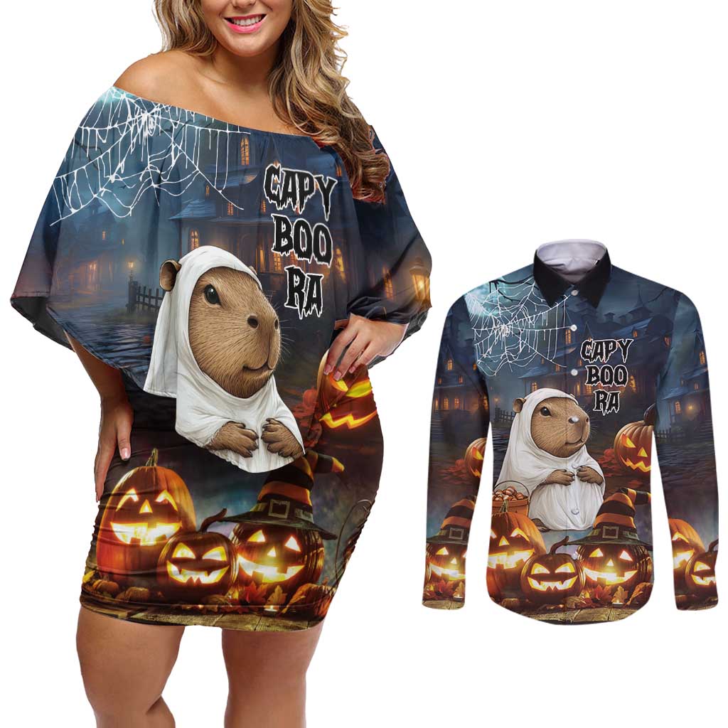Capy-Boo-Ra Halloween Personalized Couples Matching Off Shoulder Short Dress and Long Sleeve Button Shirt Capybara Funny Spooky Ghost LT9 - Wonder Print Shop