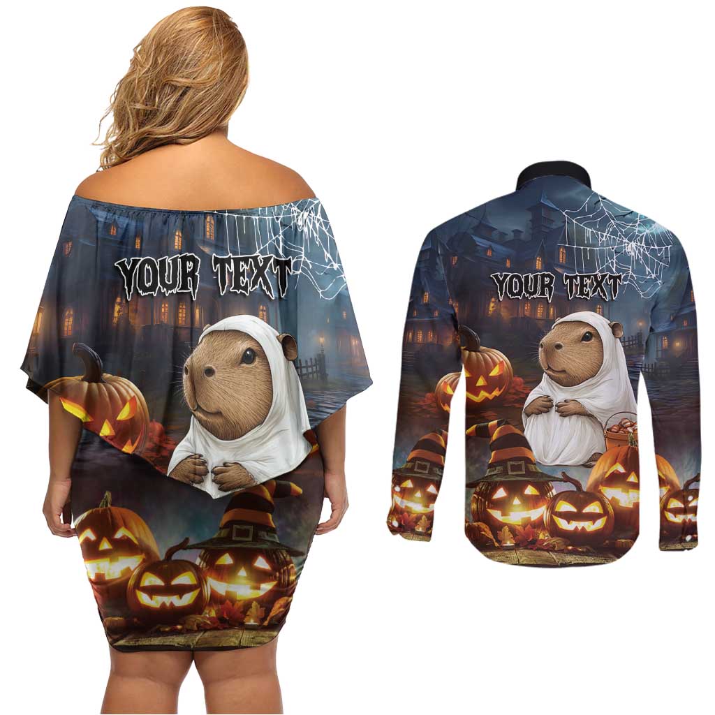 Capy-Boo-Ra Halloween Personalized Couples Matching Off Shoulder Short Dress and Long Sleeve Button Shirt Capybara Funny Spooky Ghost LT9 - Wonder Print Shop