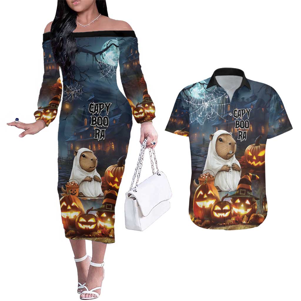 Capy-Boo-Ra Halloween Personalized Couples Matching Off The Shoulder Long Sleeve Dress and Hawaiian Shirt Capybara Funny Spooky Ghost LT9 - Wonder Print Shop