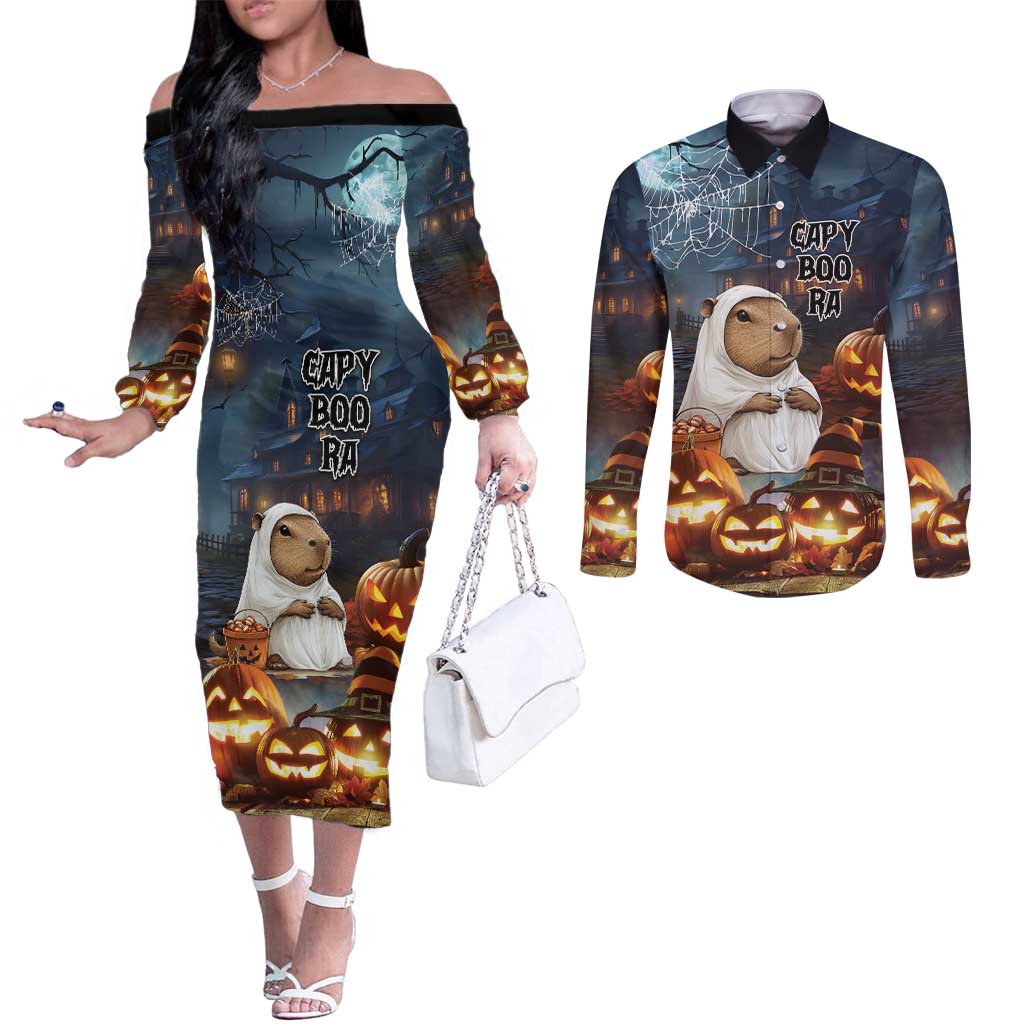 Capy-Boo-Ra Halloween Personalized Couples Matching Off The Shoulder Long Sleeve Dress and Long Sleeve Button Shirt Capybara Funny Spooky Ghost
