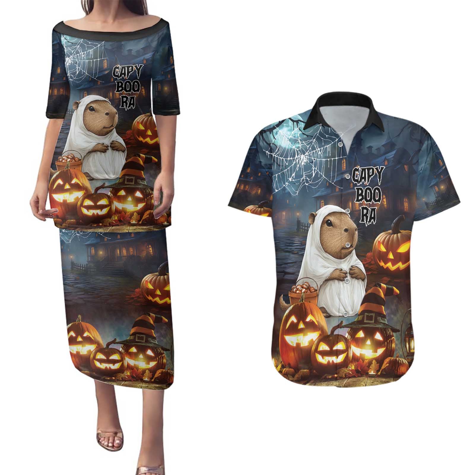 Capy-Boo-Ra Halloween Personalized Couples Matching Puletasi and Hawaiian Shirt Capybara Funny Spooky Ghost LT9 - Wonder Print Shop