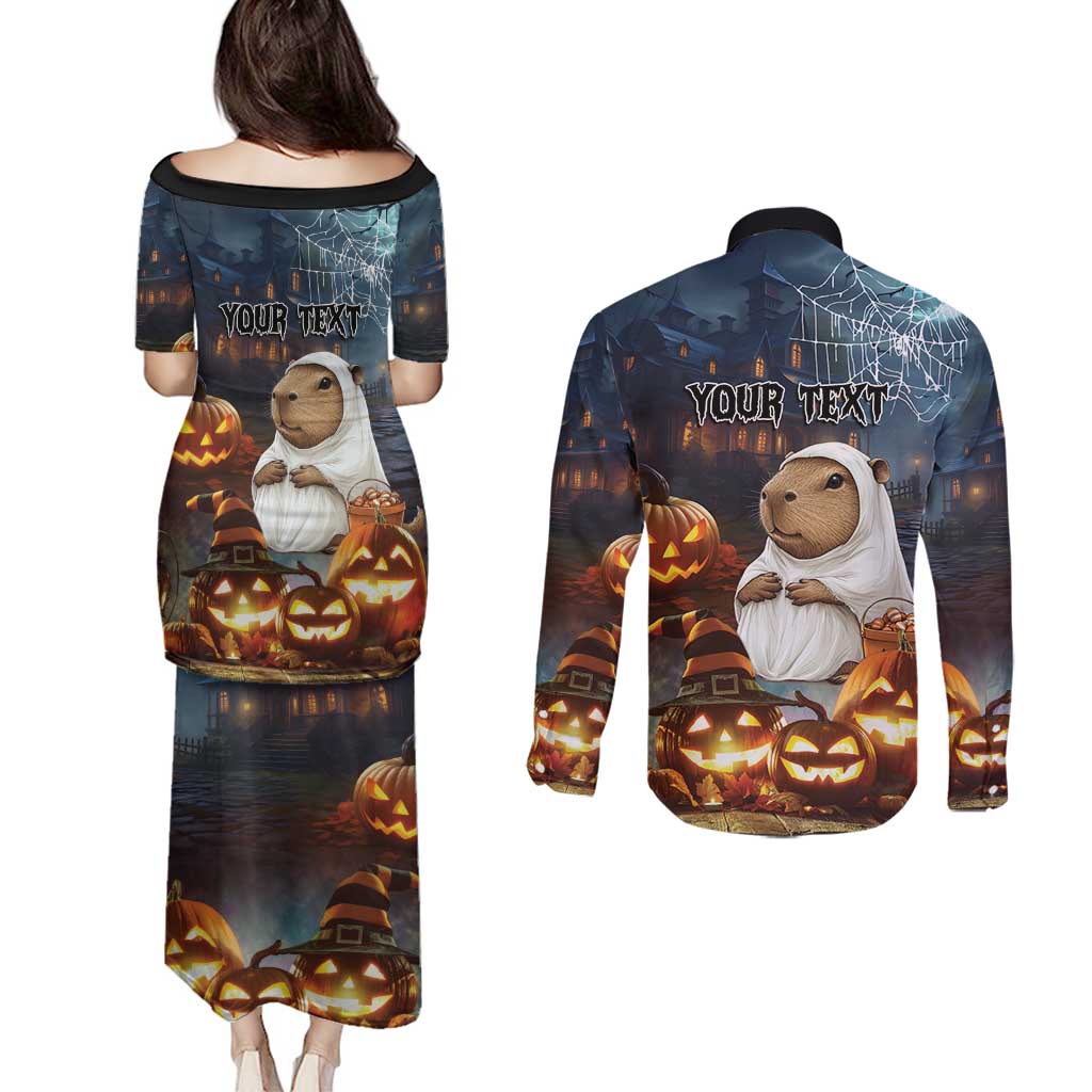 Capy-Boo-Ra Halloween Personalized Couples Matching Puletasi and Long Sleeve Button Shirt Capybara Funny Spooky Ghost LT9 - Wonder Print Shop