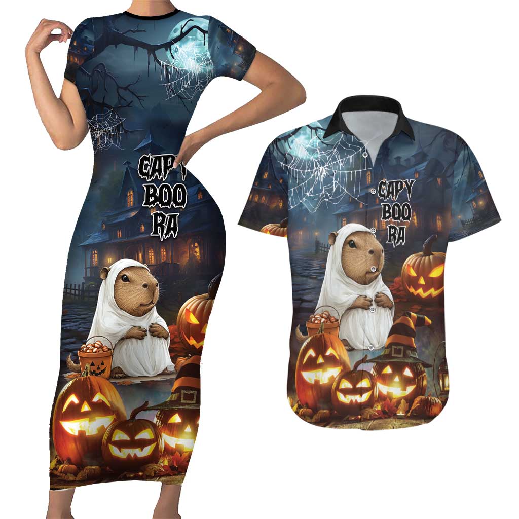 Capy-Boo-Ra Halloween Personalized Couples Matching Short Sleeve Bodycon Dress and Hawaiian Shirt Capybara Funny Spooky Ghost LT9 - Wonder Print Shop