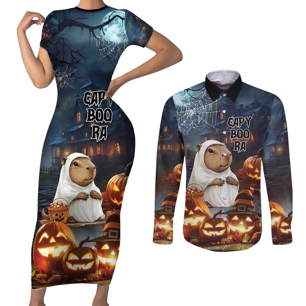 Capy-Boo-Ra Halloween Personalized Couples Matching Short Sleeve Bodycon Dress and Long Sleeve Button Shirt Capybara Funny Spooky Ghost LT9 - Wonder Print Shop
