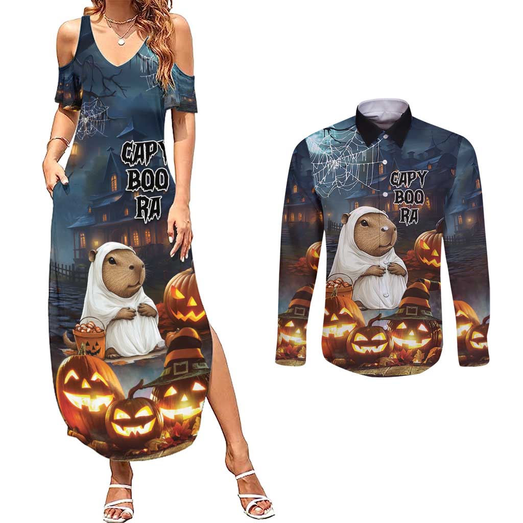 Capy-Boo-Ra Halloween Personalized Couples Matching Summer Maxi Dress and Long Sleeve Button Shirt Capybara Funny Spooky Ghost LT9 - Wonder Print Shop