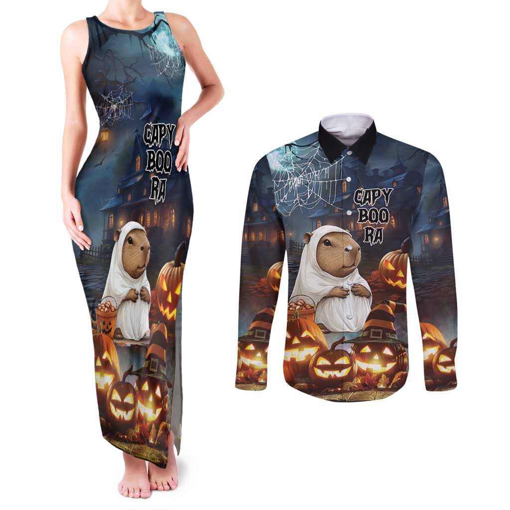 Capy-Boo-Ra Halloween Personalized Couples Matching Tank Maxi Dress and Long Sleeve Button Shirt Capybara Funny Spooky Ghost LT9 - Wonder Print Shop