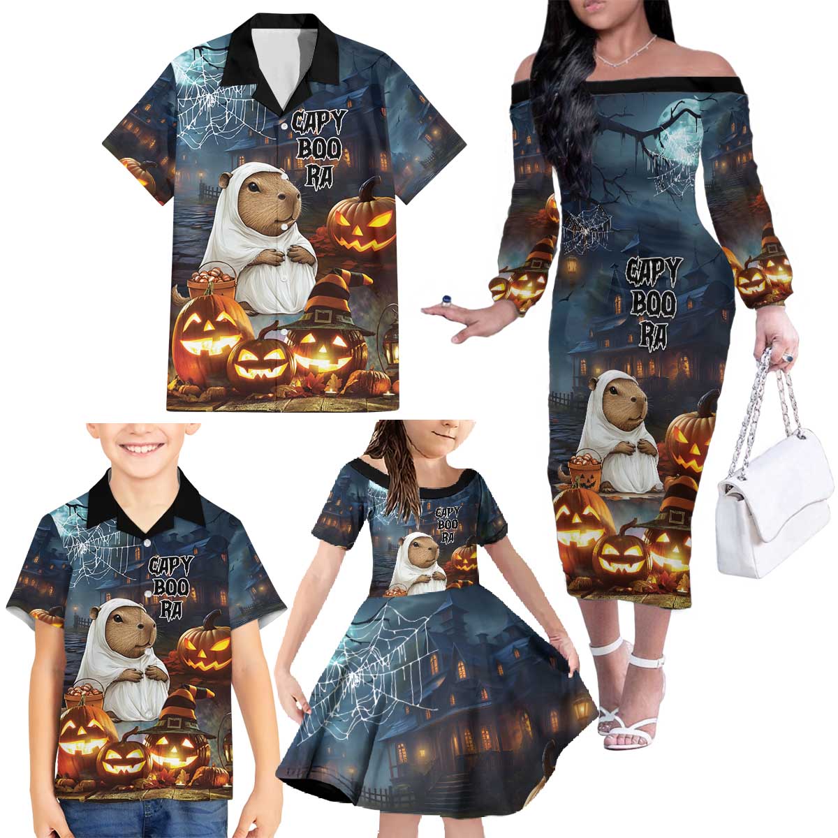 Capy-Boo-Ra Halloween Personalized Family Matching Off The Shoulder Long Sleeve Dress and Hawaiian Shirt Capybara Funny Spooky Ghost - Wonder Print Shop