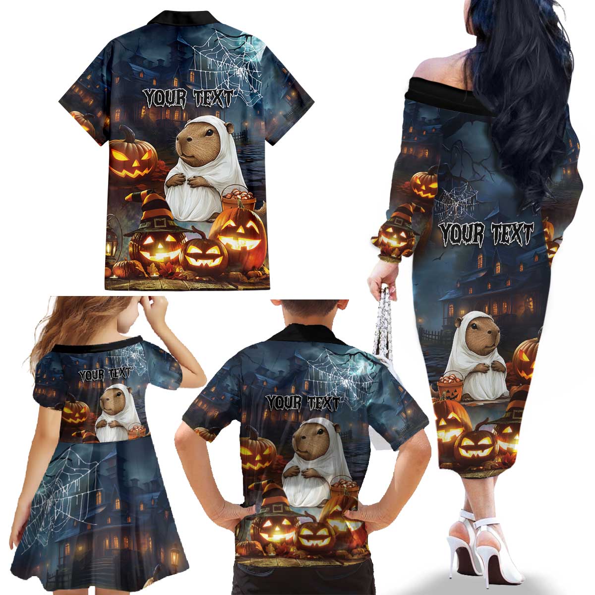 Capy-Boo-Ra Halloween Personalized Family Matching Off The Shoulder Long Sleeve Dress and Hawaiian Shirt Capybara Funny Spooky Ghost - Wonder Print Shop