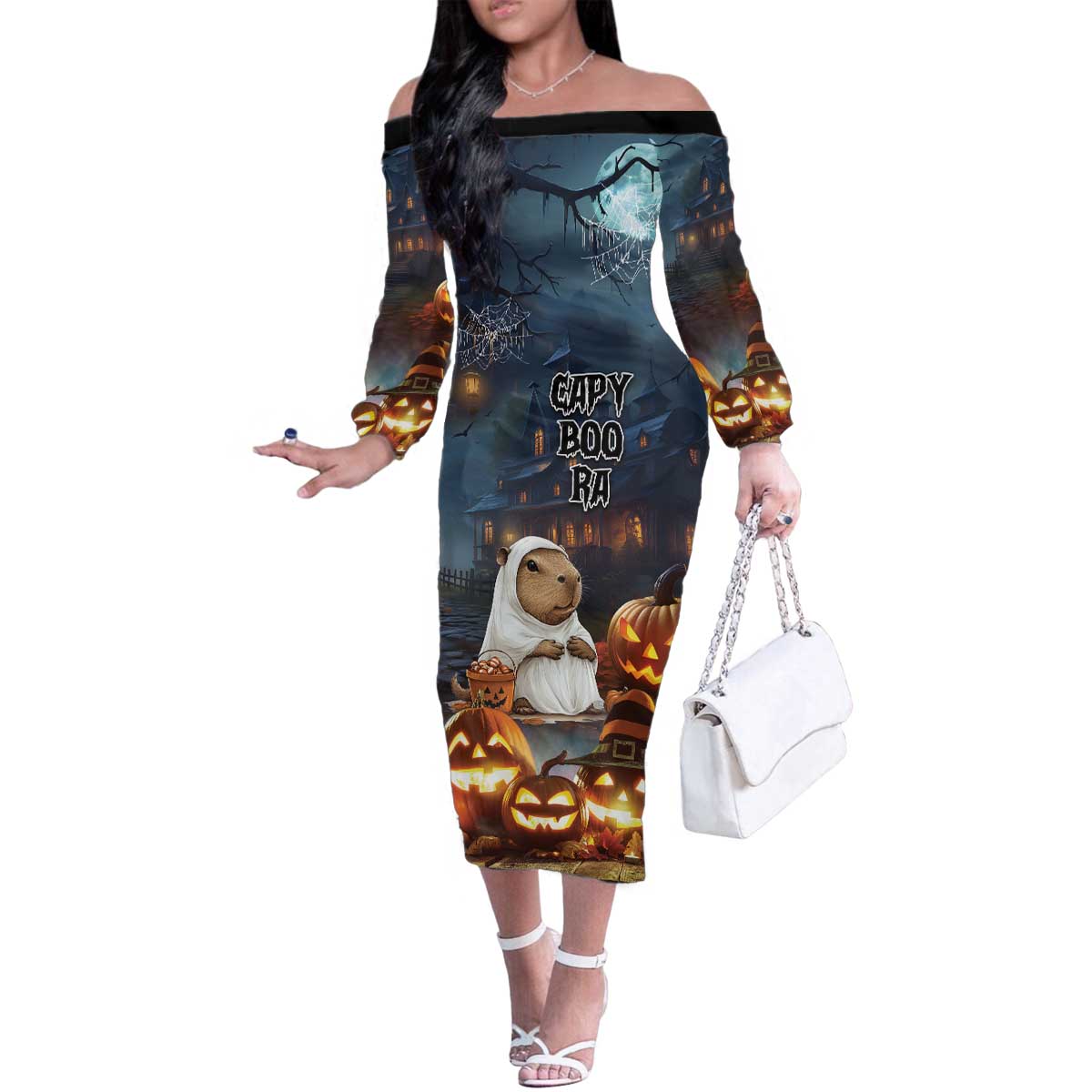 Capy-Boo-Ra Halloween Personalized Family Matching Off The Shoulder Long Sleeve Dress and Hawaiian Shirt Capybara Funny Spooky Ghost - Wonder Print Shop
