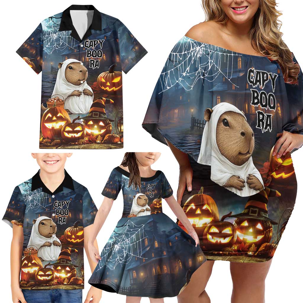 Capy-Boo-Ra Halloween Personalized Family Matching Off Shoulder Short Dress and Hawaiian Shirt Capybara Funny Spooky Ghost LT9 - Wonder Print Shop