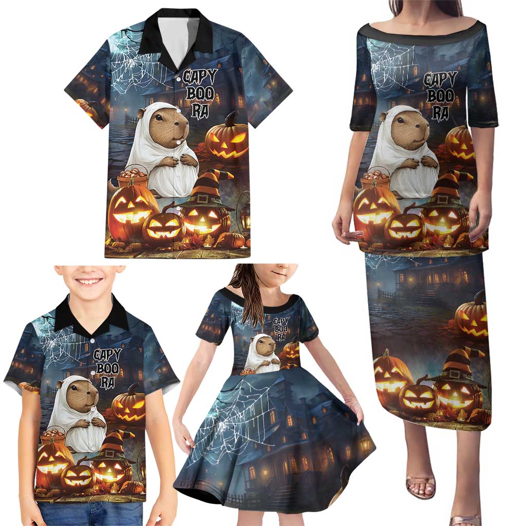 Capy-Boo-Ra Halloween Personalized Family Matching Puletasi and Hawaiian Shirt Capybara Funny Spooky Ghost - Wonder Print Shop