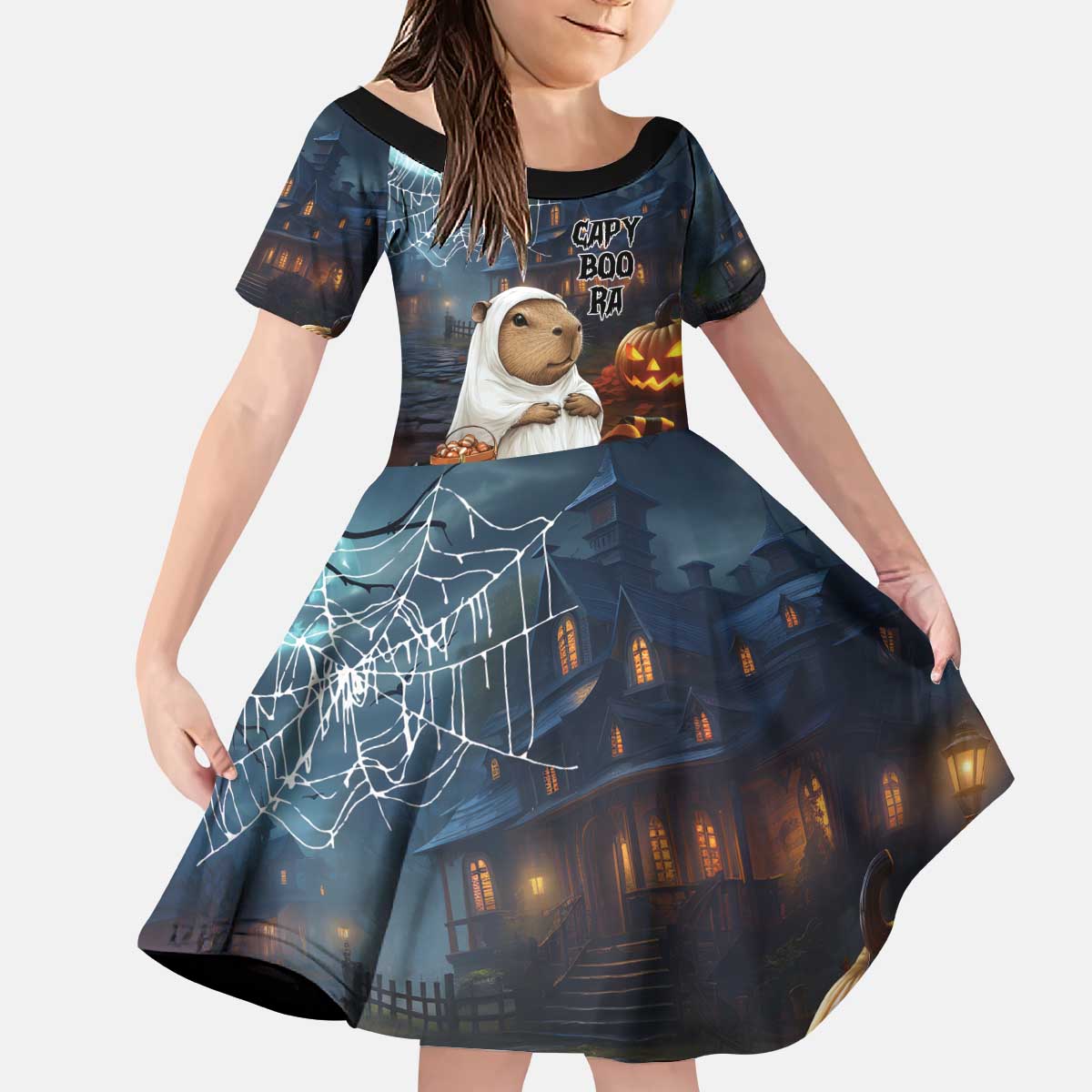Capy-Boo-Ra Halloween Personalized Kid Short Sleeve Dress Capybara Funny Spooky Ghost - Wonder Print Shop