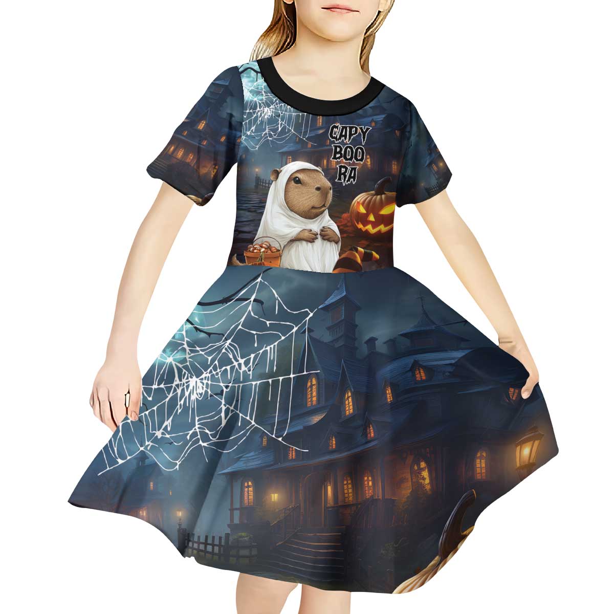 Capy-Boo-Ra Halloween Personalized Kid Short Sleeve Dress Capybara Funny Spooky Ghost - Wonder Print Shop