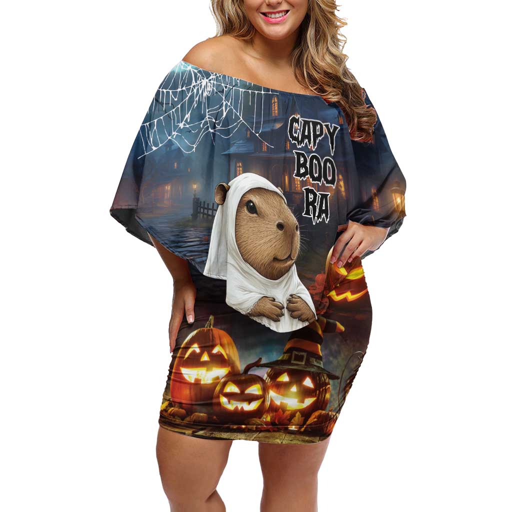 Capy-Boo-Ra Halloween Personalized Off Shoulder Short Dress Capybara Funny Spooky Ghost - Wonder Print Shop