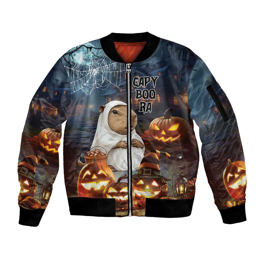 Capy-Boo-Ra Halloween Personalized Sleeve Zip Bomber Jacket Capybara Funny Spooky Ghost - Wonder Print Shop