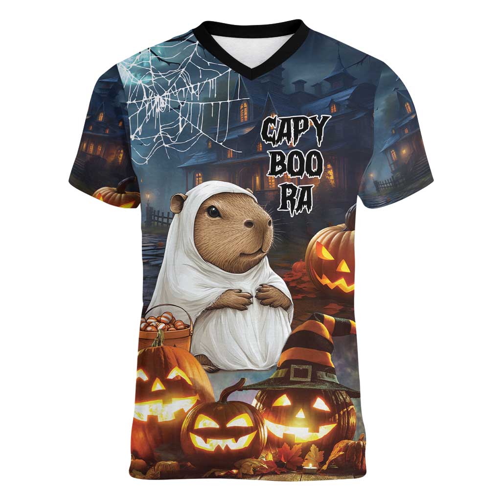 Capy-Boo-Ra Halloween Personalized Women V-Neck T-Shirt Capybara Funny Spooky Ghost - Wonder Print Shop