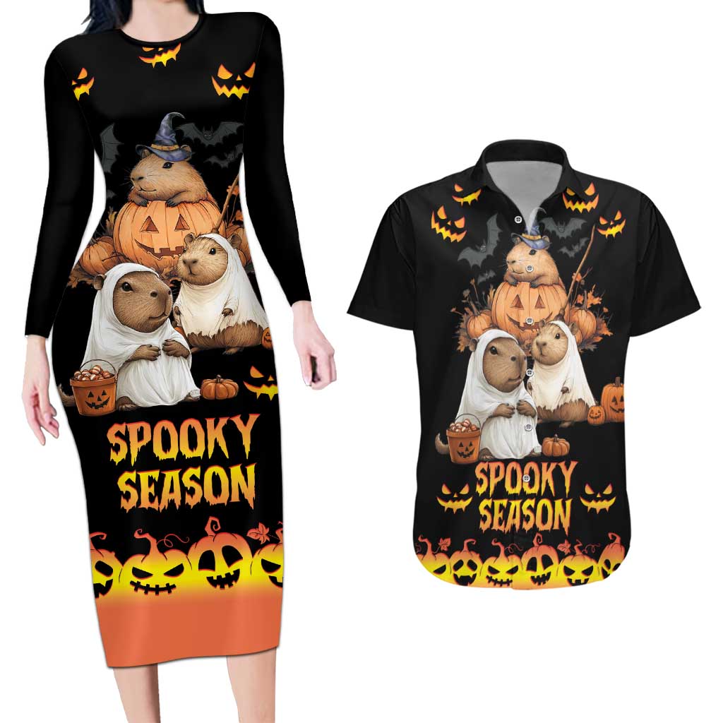 Capy-Boo-Ra Spooky Season Couples Matching Long Sleeve Bodycon Dress and Hawaiian Shirt LT9 - Wonder Print Shop