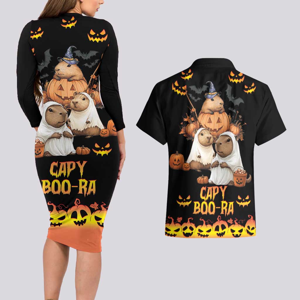 Capy-Boo-Ra Spooky Season Couples Matching Long Sleeve Bodycon Dress and Hawaiian Shirt LT9 - Wonder Print Shop