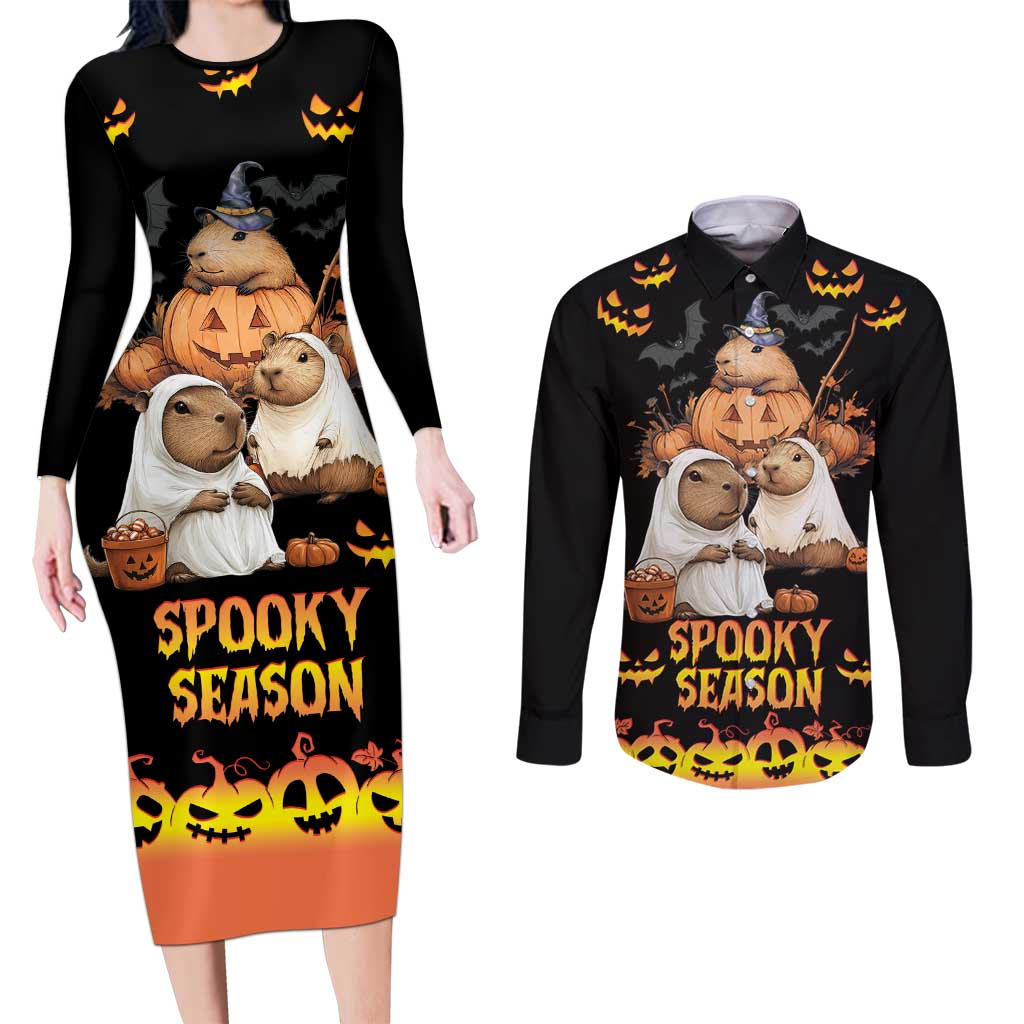 Capy-Boo-Ra Spooky Season Couples Matching Long Sleeve Bodycon Dress and Long Sleeve Button Shirt LT9 - Wonder Print Shop