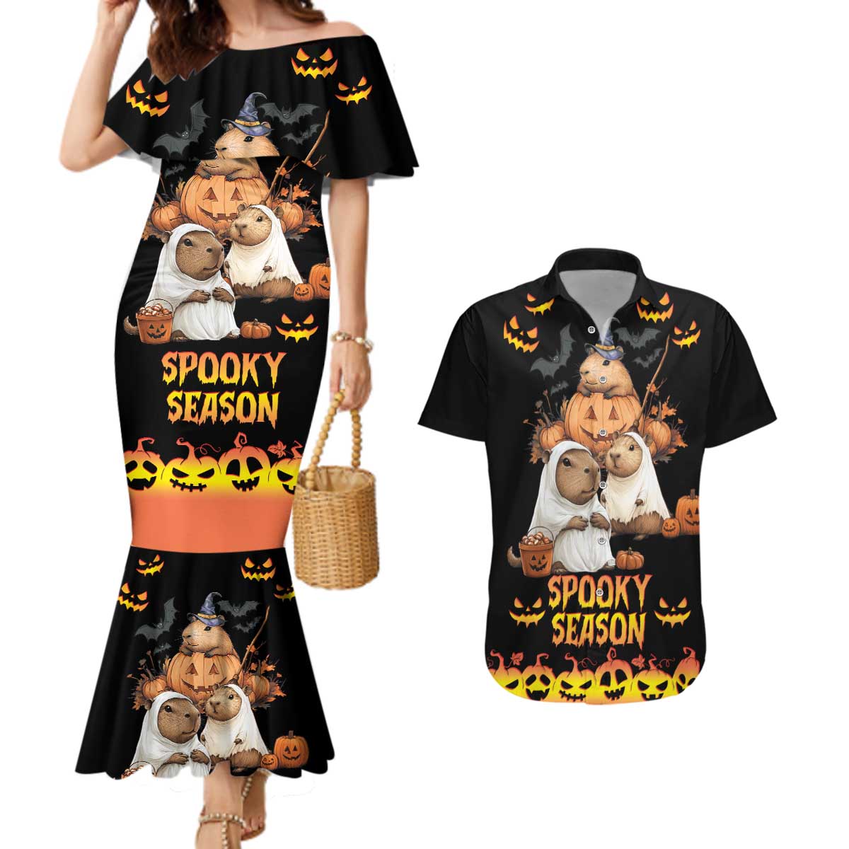 Capy-Boo-Ra Spooky Season Couples Matching Mermaid Dress and Hawaiian Shirt LT9 - Wonder Print Shop