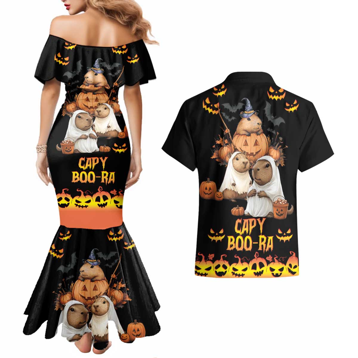Capy-Boo-Ra Spooky Season Couples Matching Mermaid Dress and Hawaiian Shirt LT9 - Wonder Print Shop