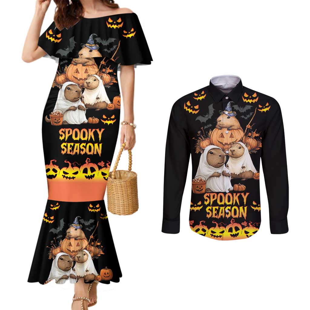 Capy-Boo-Ra Spooky Season Couples Matching Mermaid Dress and Long Sleeve Button Shirt