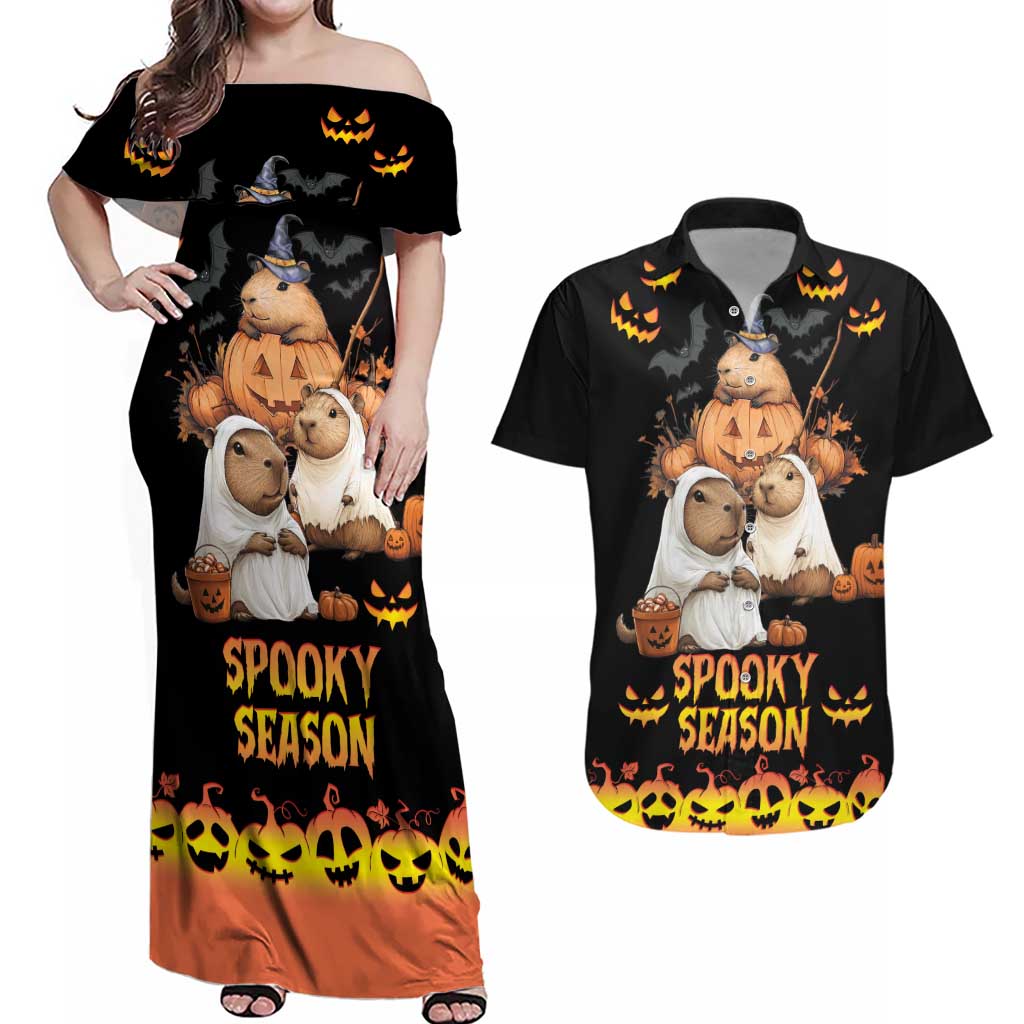 Capy-Boo-Ra Spooky Season Couples Matching Off Shoulder Maxi Dress and Hawaiian Shirt LT9 - Wonder Print Shop