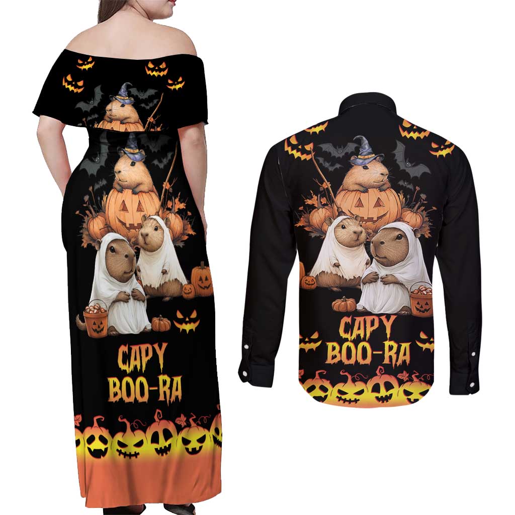 Capy-Boo-Ra Spooky Season Couples Matching Off Shoulder Maxi Dress and Long Sleeve Button Shirt LT9 - Wonder Print Shop