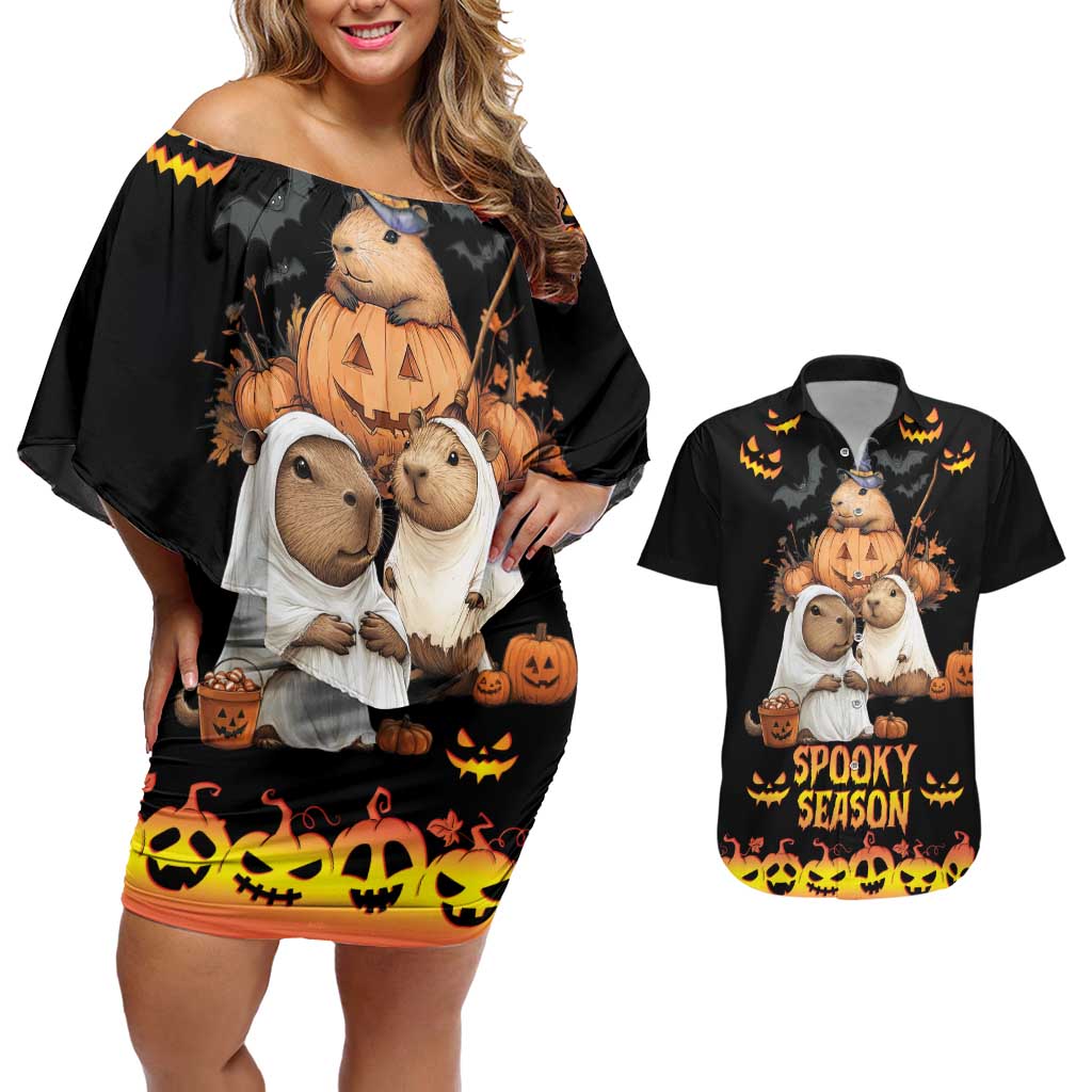Capy-Boo-Ra Spooky Season Couples Matching Off Shoulder Short Dress and Hawaiian Shirt LT9 - Wonder Print Shop