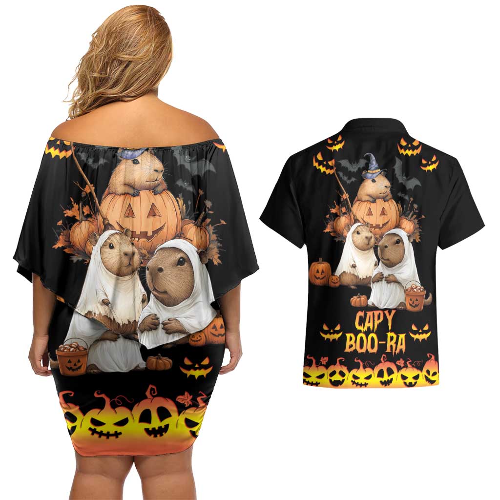 Capy-Boo-Ra Spooky Season Couples Matching Off Shoulder Short Dress and Hawaiian Shirt LT9 - Wonder Print Shop