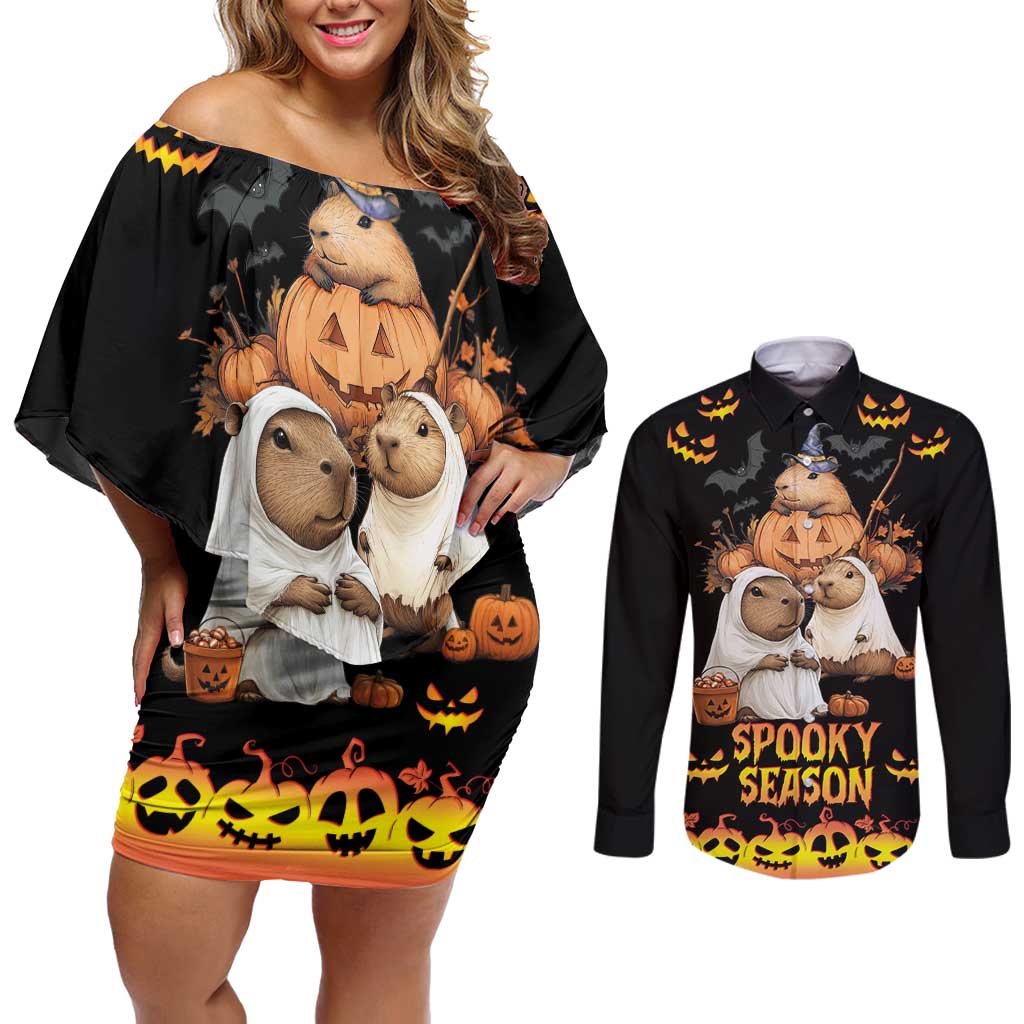 Capy-Boo-Ra Spooky Season Couples Matching Off Shoulder Short Dress and Long Sleeve Button Shirt LT9 - Wonder Print Shop