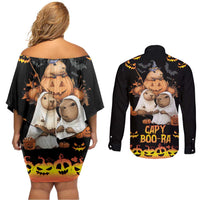 Capy-Boo-Ra Spooky Season Couples Matching Off Shoulder Short Dress and Long Sleeve Button Shirt LT9 - Wonder Print Shop