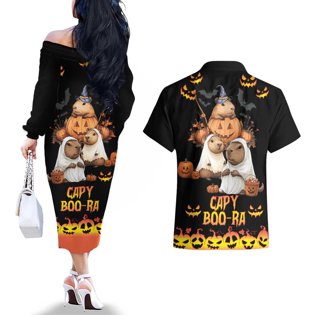 Capy-Boo-Ra Spooky Season Couples Matching Off The Shoulder Long Sleeve Dress and Hawaiian Shirt LT9 - Wonder Print Shop