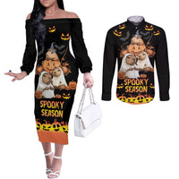 Capy-Boo-Ra Spooky Season Couples Matching Off The Shoulder Long Sleeve Dress and Long Sleeve Button Shirt