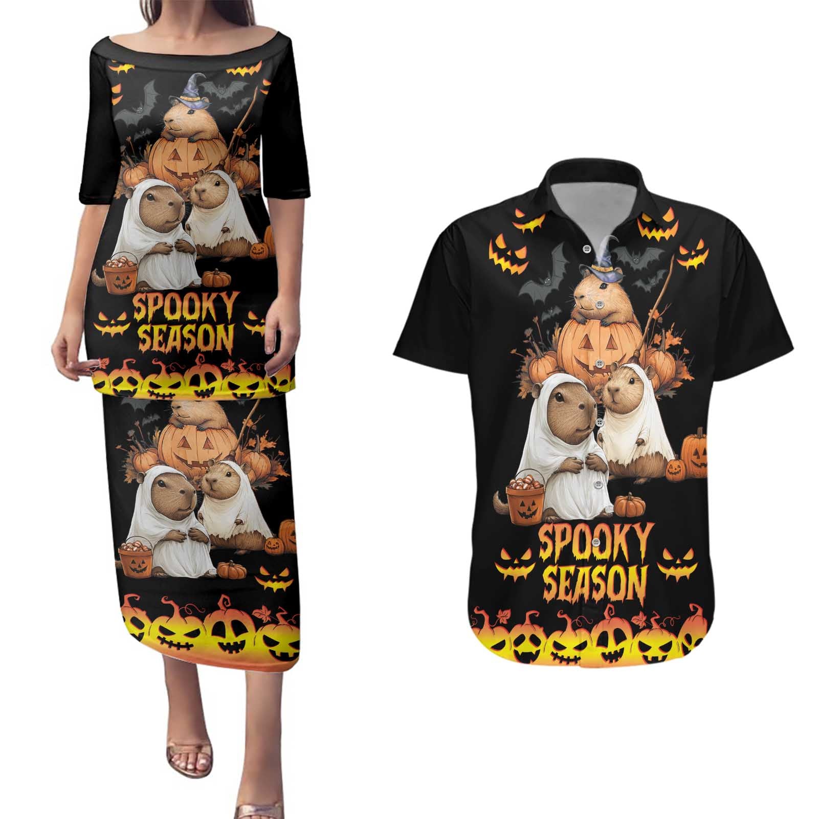 Capy-Boo-Ra Spooky Season Couples Matching Puletasi and Hawaiian Shirt LT9 - Wonder Print Shop