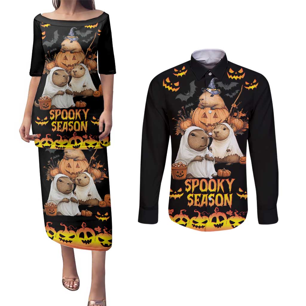 Capy-Boo-Ra Spooky Season Couples Matching Puletasi and Long Sleeve Button Shirt LT9 - Wonder Print Shop